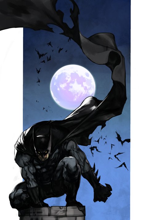 1boy bat batman batman_(series) black_gloves boots cape cowl full_moon gloves hankuri male_focus mask moon muscle night