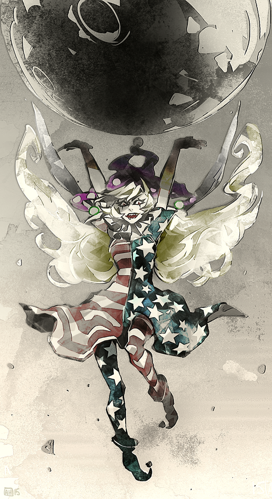 1girl \o/ american_flag_dress american_flag_legwear arlmuffin arms_up blonde_hair clownpiece dress fairy_wings hat jester_cap long_hair makeup moon neck_ruff open_mouth outstretched_arms pointy_shoes purple_headwear red_eyes sharp_teeth shoes short_sleeves simple_background solo teeth touhou wings