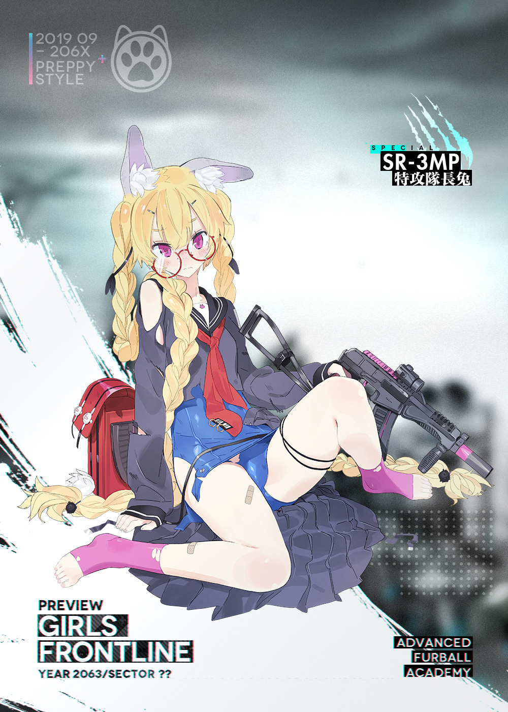 1girl alternate_costume animal_ear_fluff animal_ears bag bangs blonde_hair blue_footwear blue_swimsuit blush braid breasts character_name damaged girls_frontline glasses gun hair_ornament hair_ribbon hairclip highres holding holding_gun holding_weapon jewelry long_hair long_sleeves looking_at_viewer neckerchief official_art old_school_swimsuit one-piece_swimsuit pandegg pink_legwear red_neckwear ribbon round_eyewear school_bag school_swimsuit sitting skirt small_breasts smile socks solo sr-3mp sr-3mp_(girls_frontline) swimsuit swimsuit_under_clothes torn_clothes twin_braids very_long_hair violet_eyes weapon
