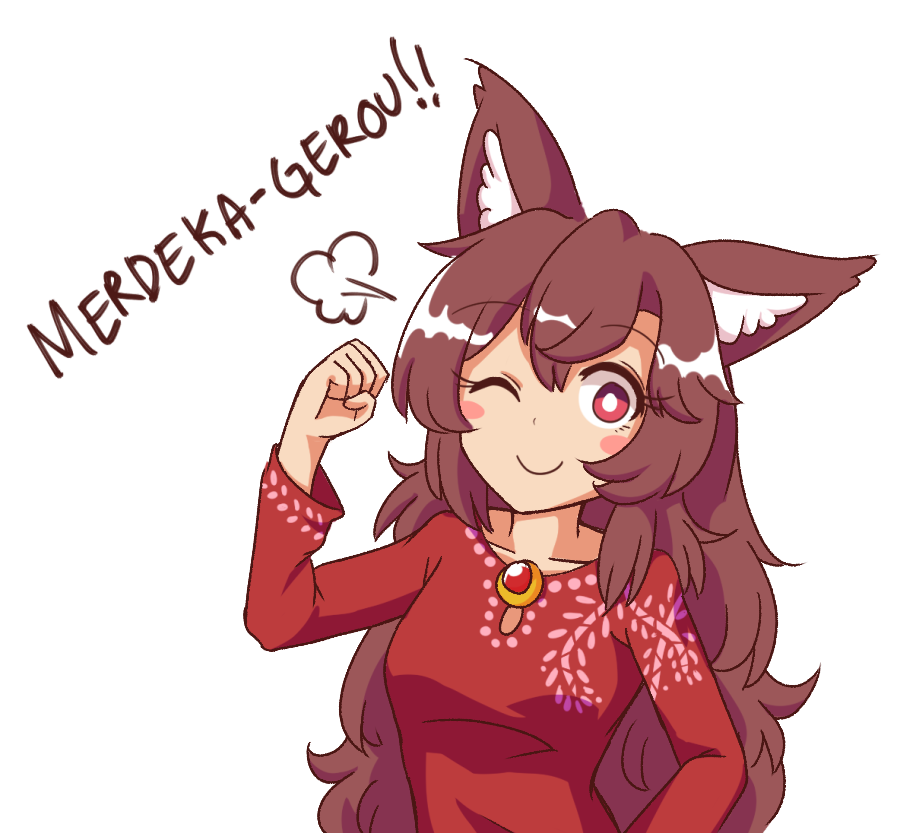 1girl ;) =3 alternate_costume animal_ear_fluff animal_ears bangs blush_stickers breasts brooch brown_hair clenched_hand collarbone commentary english_commentary eyebrows_visible_through_hair hair_between_eyes hand_up imaizumi_kagerou jewelry long_hair long_sleeves looking_at_viewer medium_breasts one_eye_closed pun red_eyes red_shirt shirt simple_background smile solo touhou upper_body white_background wolf_ears wool_(miwol)