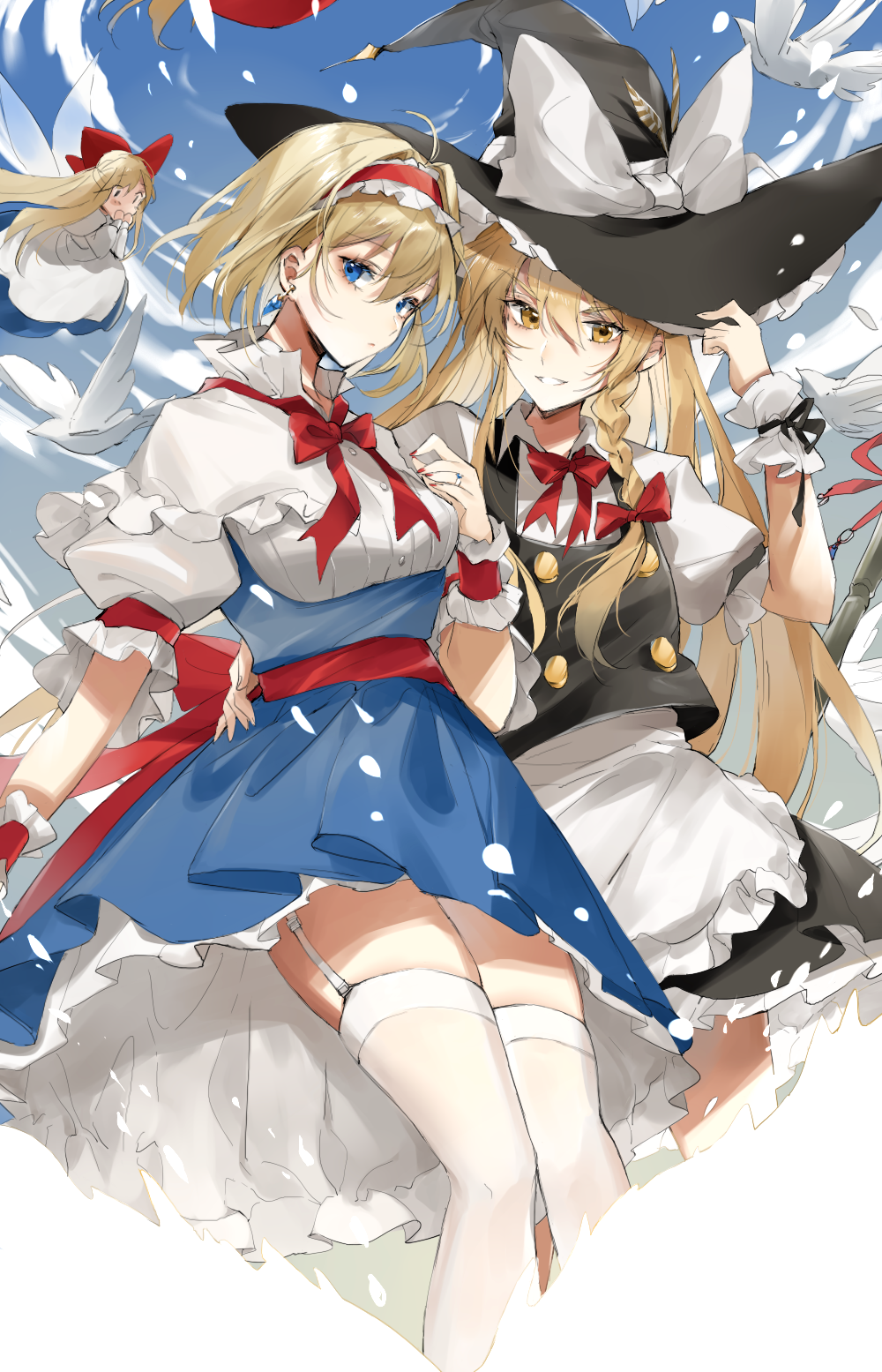 3girls ahoge alice_margatroid apron arm_around_waist bangs bird black_headwear black_skirt black_vest blonde_hair blue_dress blue_eyes blue_sky bow bowtie braid breasts capelet commentary_request cropped_legs dove dress earrings eyebrows_visible_through_hair feet_out_of_frame frilled_hairband frills garter_straps grin hair_between_eyes hair_bow hair_ribbon hairband hand_on_headwear hand_up hat hat_bow highres jewelry kirisame_marisa lolita_hairband long_hair looking_at_viewer meng_ziya miniskirt multiple_girls nail_polish neck_ribbon petticoat puffy_short_sleeves puffy_sleeves red_bow red_hairband red_nails red_neckwear red_ribbon red_sash ribbon sash shanghai_doll short_hair short_sleeves side_braid single_braid skindentation skirt skirt_set sky small_breasts smile thigh-highs thighs touhou v-shaped_eyebrows vest white_bow white_capelet white_legwear white_ribbon witch_costume witch_hat wrist_cuffs yellow_eyes