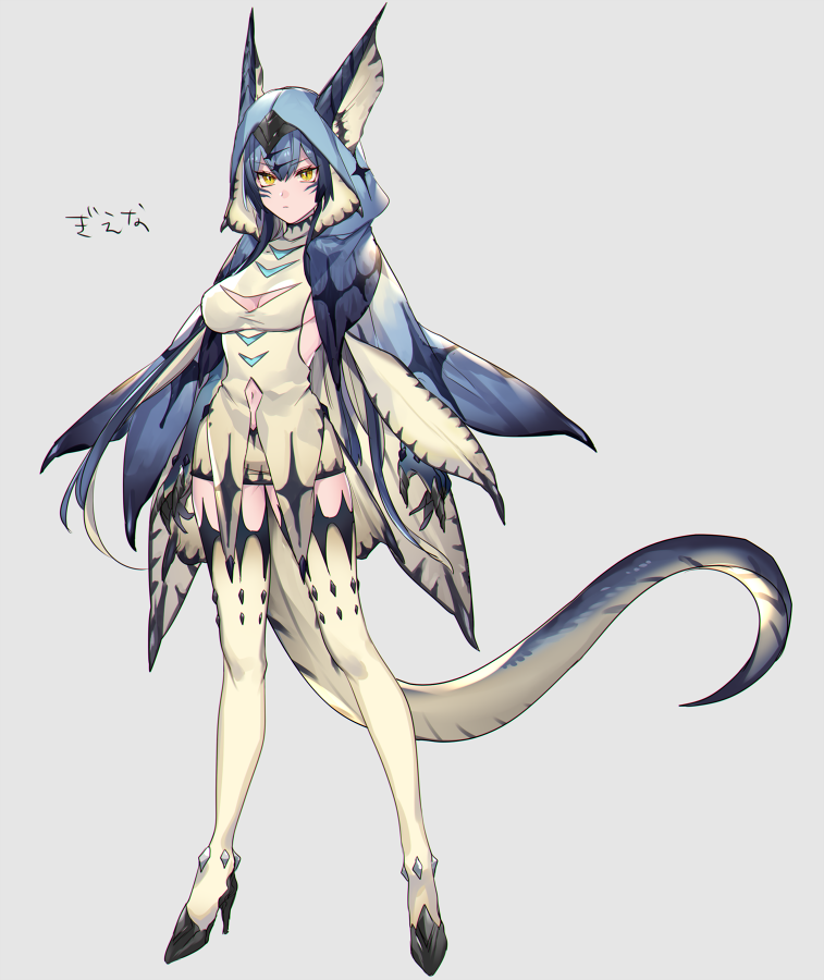 1girl bangs blue_cloak blue_hair breasts cleavage_cutout cloak commentary expressionless full_body grey_background hair_between_eyes high_heels hood hood_up hooded_cloak horns horns_through_headwear katagiri_hachigou legiana looking_at_viewer medium_breasts monster_girl monster_hunter navel navel_cutout personification simple_background slit_pupils solo tail thigh-highs translated white_legwear yellow_eyes