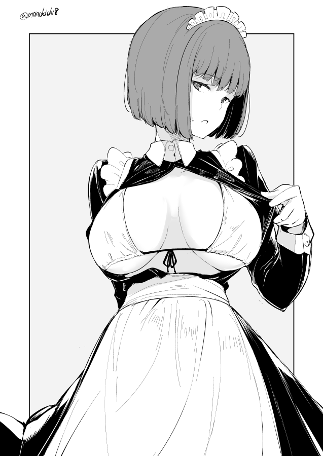 1girl apron arm_behind_back bangs bikini bikini_under_clothes breasts dress eyebrows_visible_through_hair frilled_apron frills front-tie_bikini front-tie_top greyscale head_tilt kichihachi large_breasts long_sleeves maid maid_headdress monochrome open_clothes open_dress original outside_border short_hair simple_background sleeve_cuffs solo standing sweat swimsuit twitter_username