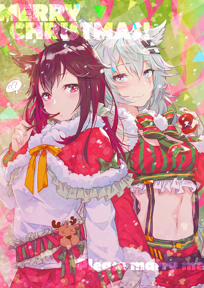 2girls ? ?? a-ton animal_ears arknights bangs black_hair black_nails blue_eyes blush breasts capelet chinese_commentary christmas commentary_request crop_top earrings eyebrows_visible_through_hair food fur-trimmed_capelet fur_trim hair_between_eyes hair_ornament hairclip hand_up holding holding_food jewelry lappland_(arknights) long_hair long_sleeves looking_at_viewer medium_breasts merry_christmas midriff multicolored_hair multiple_girls nail_polish navel pocky pom_pom_(clothes) red_capelet red_eyes red_skirt redhead ribbon ring scar scar_across_eye shirt silver_hair skirt smile spoken_question_mark stomach streaked_hair striped suspenders texas_(arknights) vertical_stripes wedding_ring white_shirt wolf_ears yellow_ribbon