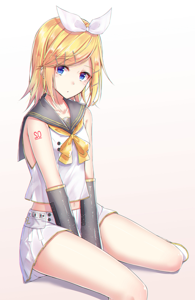 1girl akira_(been0328) bangs bare_shoulders between_legs black_sailor_collar blonde_hair blue_eyes blush bow brown_background closed_mouth commentary detached_sleeves dress gradient gradient_background grey_sleeves hair_ornament hair_ribbon hairclip hand_between_legs highres kagamine_rin long_hair long_sleeves looking_at_viewer pleated_skirt ribbon sailor_collar school_uniform serafuku shirt sitting skirt sleeveless sleeveless_shirt solo swept_bangs vocaloid white_background white_dress white_ribbon white_skirt yellow_bow