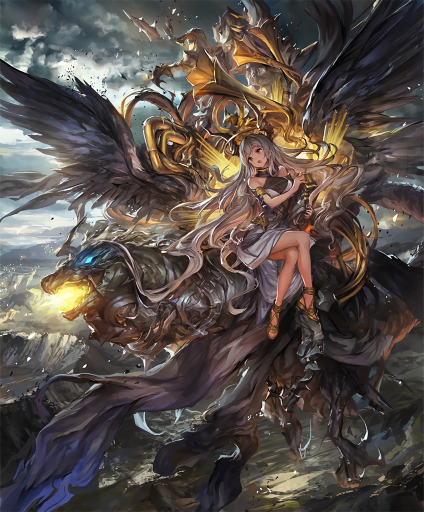 1girl absurdly_long_hair armlet artist_request bare_shoulders breasts clouds cloudy_sky crater creature crossed_legs dress feathered_wings hair_between_eyes horns long_hair medium_breasts official_art sandals shadowverse sky very_long_hair vesha_herald_of_ravage white_dress white_hair wings