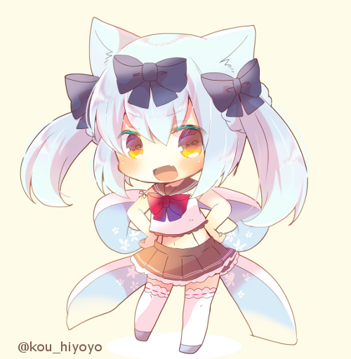 1girl :d animal_ear_fluff animal_ears azur_lane bangs bare_arms bare_shoulders beige_background black_bow black_sailor_collar blue_hair blush bow brown_eyes brown_skirt cat_ears chibi commentary_request crop_top eyebrows_visible_through_hair fang full_body grey_footwear hair_between_eyes hair_bow hands_on_hips kouu_hiyoyo long_hair looking_at_viewer midriff navel open_mouth pleated_skirt ribbon-trimmed_legwear ribbon_trim sailor_collar shirt skirt sleeveless sleeveless_shirt smile solo standing thigh-highs twintails twitter_username white_legwear white_shirt yukikaze_(azur_lane)