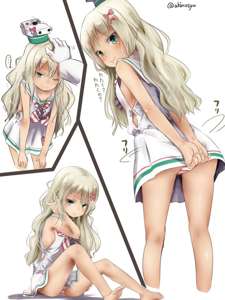 1girl akino_shuu arms_behind_back ass bare_legs barefoot blonde_hair bow commentary_request dress from_behind gloves grecale_(kantai_collection) green_eyes kantai_collection leaning_forward long_sleeves one_eye_closed panties pink_bow pink_panties sailor_collar sailor_dress side-tie_dress sitting sleeveless sleeveless_dress smug standing striped striped_panties thighs translated twitter_username underwear wavy_hair white_dress white_gloves white_sailor_collar