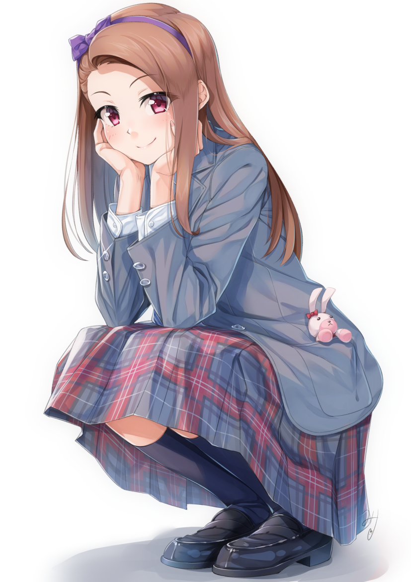 1girl bangs black_footwear blush brown_hair brown_jacket closed_mouth forehead full_body hairband hands_on_own_cheeks hands_on_own_face idolmaster idolmaster_(classic) jacket loafers long_hair long_skirt long_sleeves looking_at_viewer minase_iori miri_(ago550421) plaid plaid_skirt purple_hairband red_eyes shadow shoes signature simple_background skirt smile solo squatting stuffed_animal stuffed_bunny stuffed_toy swept_bangs white_background