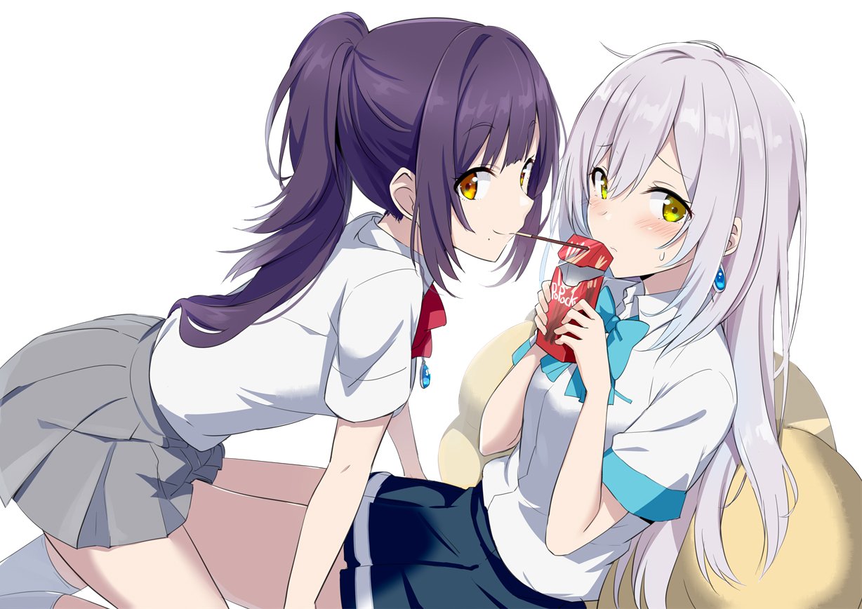 2girls blue_bow blue_neckwear blue_skirt blush bow collared_shirt commentary_request dress_shirt food food_in_mouth gochou_(atemonai_heya) irozuku_sekai_no_ashita_kara jewelry kneehighs long_hair mole mole_under_mouth mouth_hold multiple_girls necklace pleated_skirt pocky pocky_day pocky_kiss ponytail school_uniform shirt short_sleeves silver_hair single_earring skirt sweatdrop tsukishiro_hitomi tsukishiro_kohaku yellow_eyes