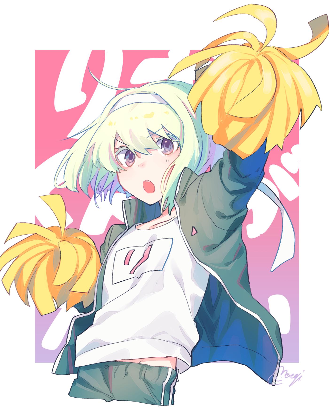 1boy androgynous cheering green_hair headband highres jacket lio_fotia male_focus moegi0926 open_clothes open_jacket open_mouth pom_poms promare shirt short_hair t-shirt track_suit violet_eyes