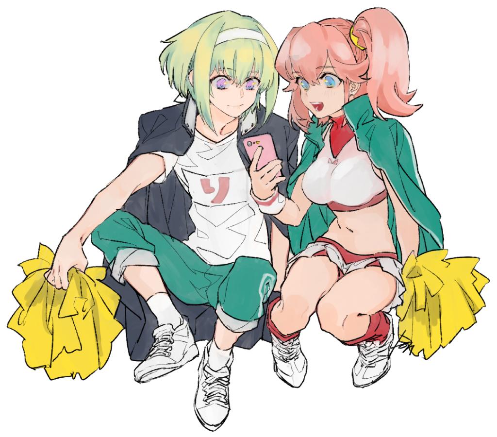 1boy 1girl aina_ardebit blue_eyes breasts cellphone cheerleader green_hair headband jacket lio_fotia long_hair midriff open_clothes open_jacket phone pink_hair pom_poms prma_d promare shirt short_hair side_ponytail skirt smartphone smile t-shirt track_suit violet_eyes