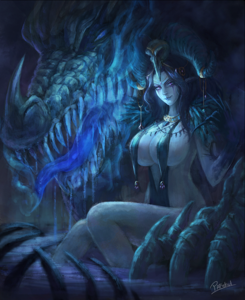 1girl artist_name black_swimsuit blue_eyes blue_theme breasts cave dragon headpiece horns large_breasts long_hair looking_at_viewer open_mouth original pafekui sitting soaking_feet steam swimsuit violet_eyes witch