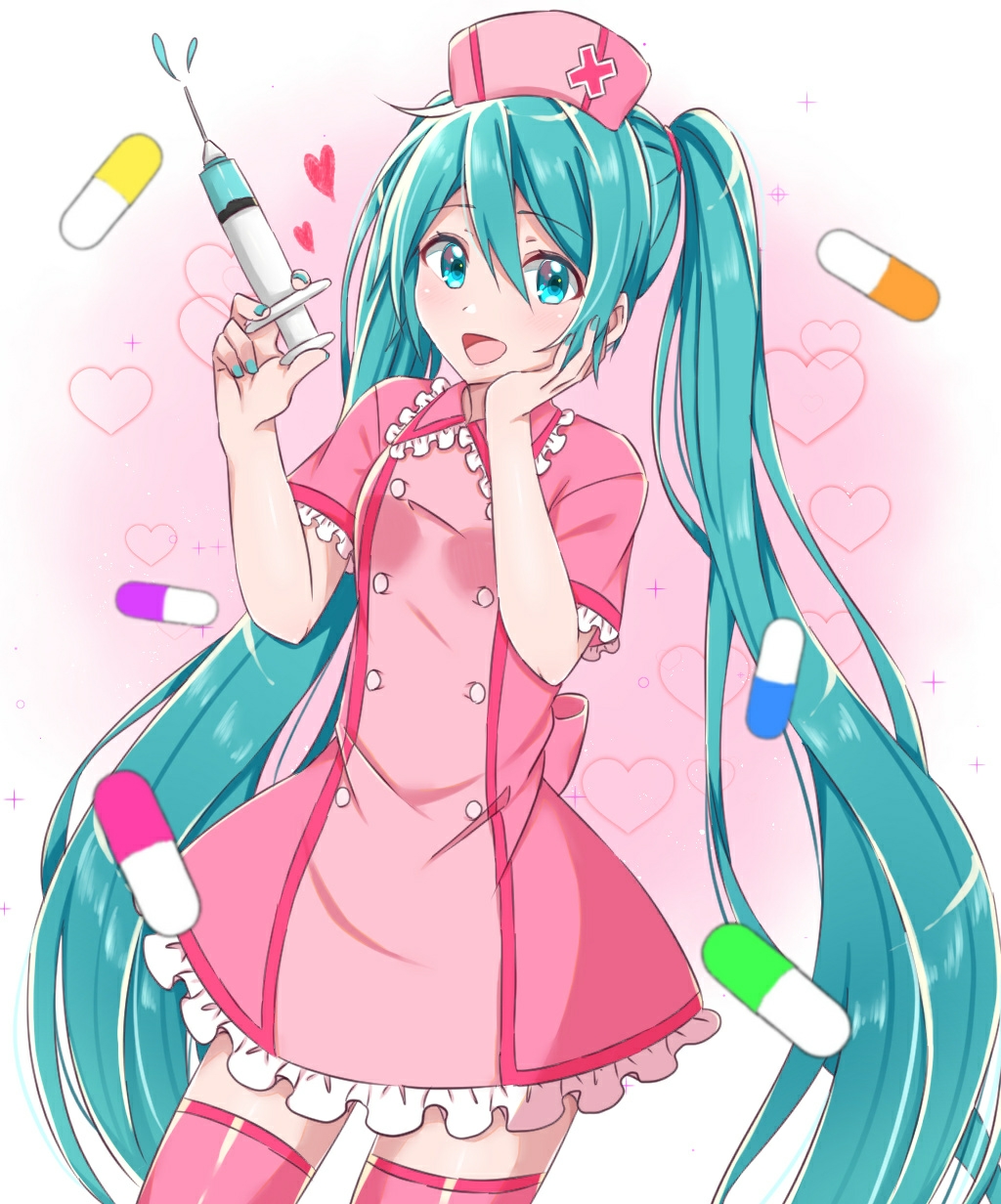 1girl aqua_eyes aqua_hair aqua_nails commentary cowboy_shot cross double-breasted dress frilled_dress frills hairband hand_on_own_cheek hands_up hat hatsune_miku heart heart_background highres holding holding_syringe light_blush long_hair looking_at_viewer nail_polish nurse nurse_cap open_mouth pill pink_background pink_dress pink_legwear red_cross short_sleeves smile solo supo01 syringe thigh-highs twintails very_long_hair vocaloid zettai_ryouiki