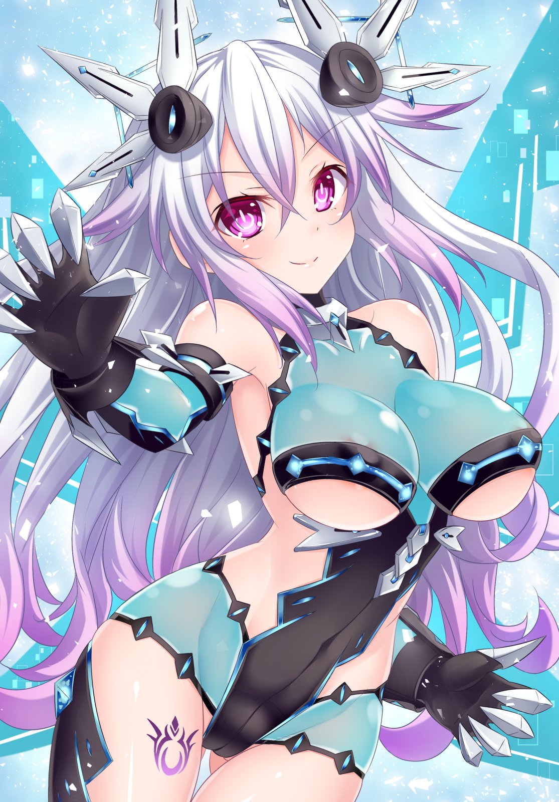 1girl bare_shoulders black_heart_(chaos_form) blush breasts claws corruption dark_persona elbow_gloves eyebrows_visible_through_hair gloves grey_hair hair_ornament highres kazuneko_(wktk1024) large_breasts long_hair looking_at_viewer multicolored_hair navel nepnep_connect:_chaos_chanpuru neptune_(series) pink_eyes pink_hair power_symbol smile solo symbol-shaped_pupils tattoo two-tone_hair under_boob very_long_hair