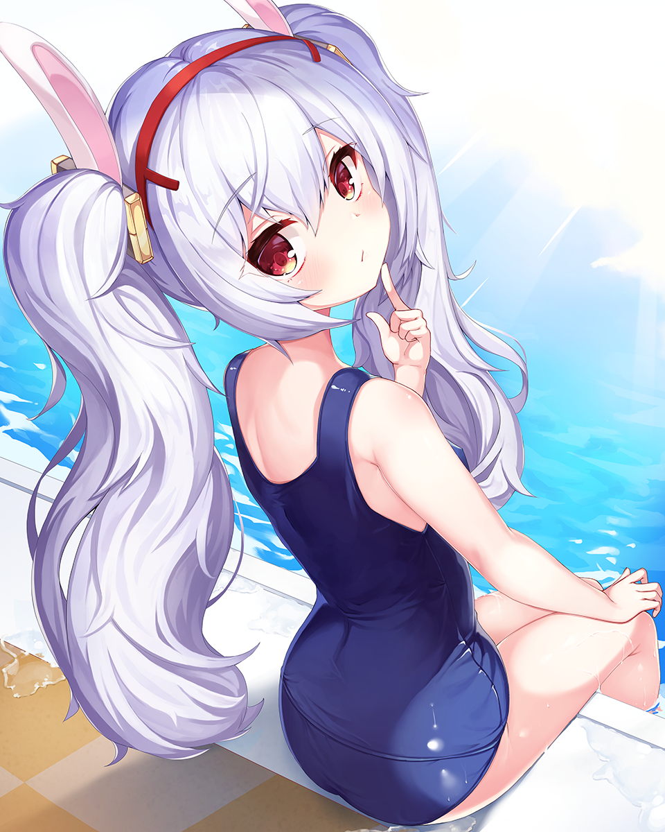 1girl 2drr animal_ears azur_lane bangs bare_arms bare_shoulders blush closed_mouth commentary_request eyebrows_visible_through_hair from_behind hair_between_eyes hair_ornament hairband hand_up highres index_finger_raised laffey_(azur_lane) long_hair looking_at_viewer looking_back old_school_swimsuit pool poolside rabbit_ears red_eyes red_hairband school_swimsuit sidelocks silver_hair sitting soaking_feet solo swimsuit twintails very_long_hair water