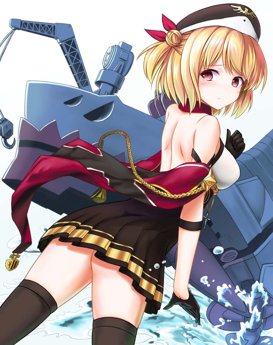 1girl ass azur_lane back backless_outfit bangs bare_shoulders black_gloves black_legwear black_skirt blonde_hair breasts closed_mouth commentary_request crane detached_collar ena_tokisaka_(inadumakawaii) gloves hair_bun hat highres leipzig_(azur_lane) looking_at_viewer looking_back no_panties off_shoulder one_side_up pleated_skirt red_eyes rigging short_hair shoulder_blades sidelocks skirt solo tearing_up thigh-highs