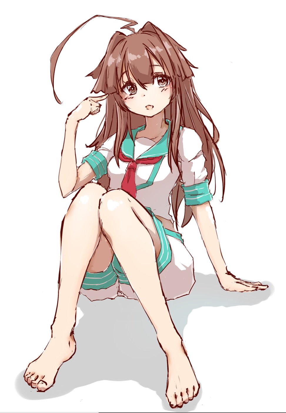 1girl ahoge brown_eyes brown_hair full_body green_sailor_collar highres huge_ahoge kantai_collection kuma_(kantai_collection) long_hair neckerchief neve pointing pointing_at_self red_neckwear sailor_collar school_uniform serafuku shadow short_sleeves shorts simple_background sitting solo white_background white_shorts