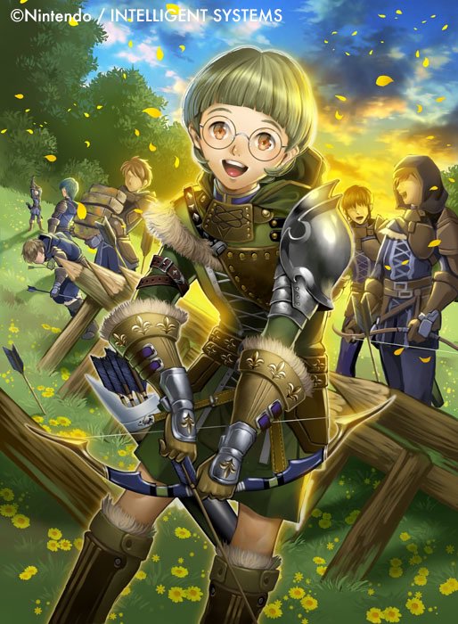 1boy arrow boots bow_(weapon) brown_eyes clouds faceless faceless_male fire_emblem fire_emblem:_three_houses fire_emblem_cipher fur_trim glasses gloves grass green_hair ignatz_victor misa_tsutsui official_art open_mouth petals quiver sky solo teeth tree weapon