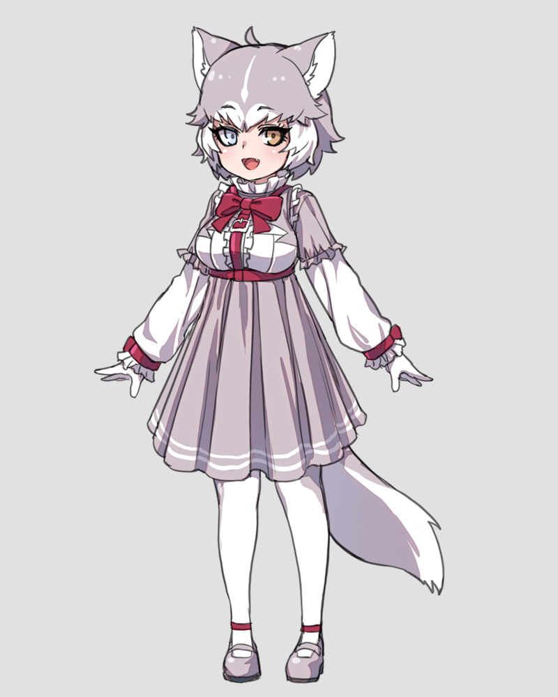 1girl :d adapted_costume animal_ear_fluff animal_ears belt blue_eyes bow bowtie center_frills collar dog_(mixed_breed)_(kemono_friends) dog_ears dog_girl dog_tail dress eyebrows_visible_through_hair fang frilled_collar frilled_sleeves frills full_body gloves grey_background grey_dress grey_footwear grey_hair harness heterochromia kemono_friends long_sleeves mary_janes multicolored_hair nyifu open_mouth outstretched_arms pantyhose pleated_dress red_neckwear shoes short_hair simple_background smile solo tail two-tone_hair white_gloves white_hair white_legwear white_sleeves yellow_eyes