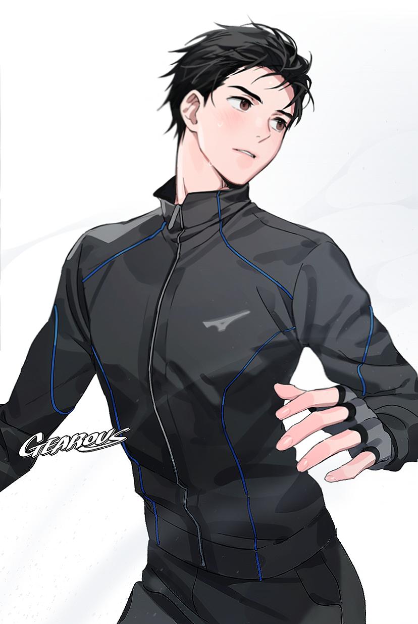 1boy arms_at_sides artist_name black_hair black_jacket blush brown_eyes expressionless fingerless_gloves fingernails gearous gloves grey_gloves hair_slicked_back highres jacket katsuki_yuuri looking_away male_focus messy_hair pants parted_lips shaded_face simple_background sweat track_jacket track_pants upper_body white_background yuri!!!_on_ice zipper