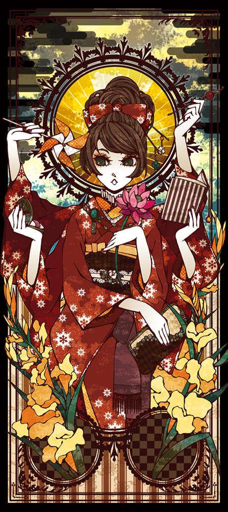 1girl black_border book border bow brown_hair commentary_request egasumi extra_arms flower green_eyes hair_bow hair_ornament halo holding holding_book holding_flower japanese_clothes jewelry kimono long_hair long_sleeves lotus makora_higa obi original patterned_background pinwheel red_bow red_kimono red_nails sash snowflake_print solo