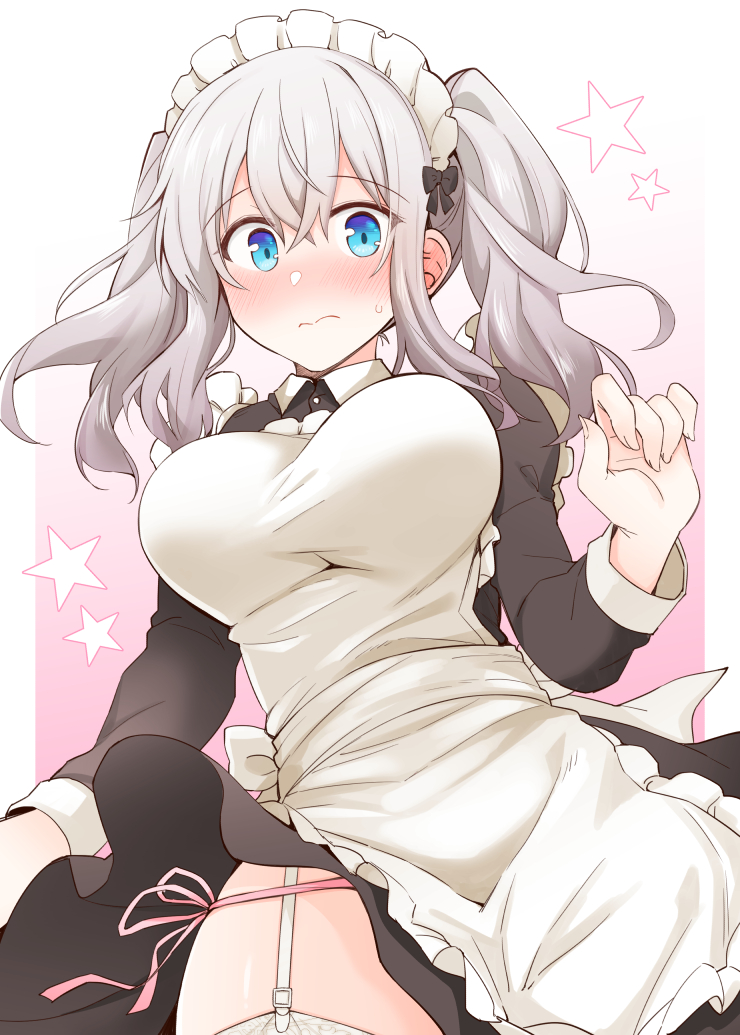 1girl alternate_costume apron black_dress blue_eyes blush breasts closed_mouth dress enmaided eyebrows_visible_through_hair frilled_apron frills garter_belt garter_straps gradient gradient_background kantai_collection kashima_(kantai_collection) large_breasts long_hair long_sleeves looking_at_viewer maid maid_apron maid_headdress panties pink_panties rui_shi_(rayze_ray) silver_hair solo star thighs twintails underwear wa_maid waist_apron wavy_hair wavy_mouth white_apron