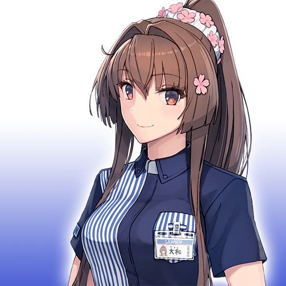 1girl breasts brown_eyes brown_hair cherry_blossoms employee_uniform flower hair_flower hair_ornament hairband id_card kantai_collection large_breasts lawson long_hair looking_at_viewer name_tag official_art ponytail shirt shizuma_yoshinori store_clerk striped striped_shirt uniform vertical-striped_shirt vertical_stripes yamato_(kantai_collection)