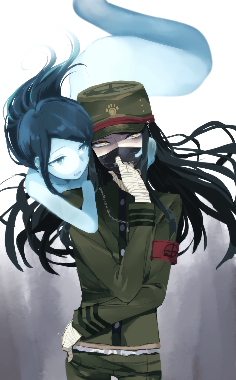 1boy bandaged_hands bandages black_hair black_mask_(clothing) brother_and_sister commentary_request dangan_ronpa face_mask ghost green_headwear green_jacket green_pants hat highres jacket long_hair long_sleeves looking_at_another looking_at_viewer mask new_dangan_ronpa_v3 pants purple_hair shinguuji_korekiyo siblings spoilers yellow_eyes yuuma_(yuma1111)