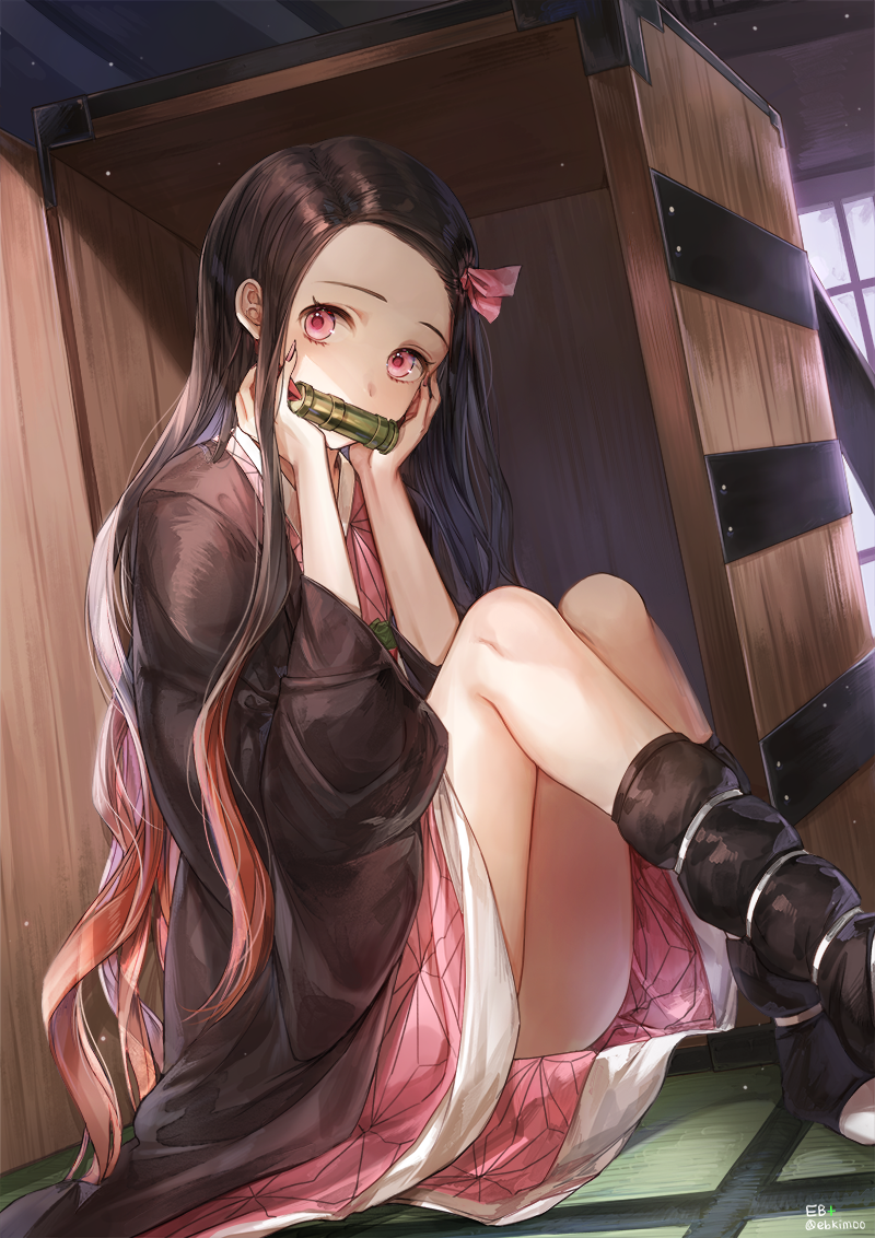 1girl black_hair black_legwear brown_hair commentary_request fingernails forehead gradient_hair hair_ribbon hands_on_own_face hands_up indoors japanese_clothes kamado_nezuko kim_eb kimetsu_no_yaiba kimono knees_up long_hair long_sleeves looking_at_viewer multicolored_hair nail_polish obi on_floor open_clothes pink_eyes pink_kimono pink_nails pink_ribbon ribbon sash sharp_fingernails signature sitting solo twitter_username very_long_hair wide_sleeves