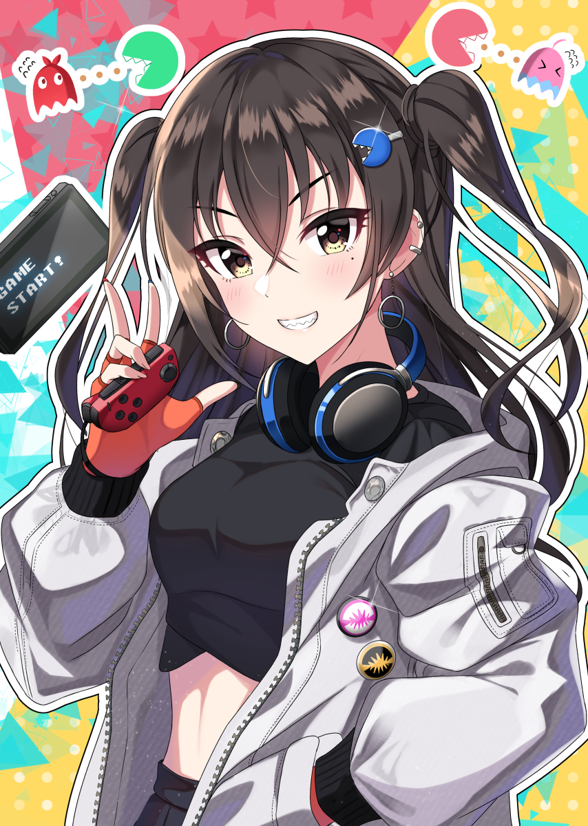 &gt;_&lt; 1girl akabei bangs black_hair black_shirt black_skirt blush brown_eyes commentary ear_piercing earrings english_commentary eyebrows_visible_through_hair fingerless_gloves flying_sweatdrops gloves grey_jacket grin hair_between_eyes hair_ornament hairclip headphones headphones_around_neck highres holding idolmaster idolmaster_cinderella_girls idolmaster_cinderella_girls_starlight_stage jacket jewelry long_hair long_sleeves midriff open_clothes open_jacket orange_gloves pac-man pac-man_(game) piercing pinky pleated_skirt puffy_long_sleeves puffy_sleeves sharp_teeth shirt skirt smile solo sunazuka_akira sutoroa teeth two_side_up upper_body w