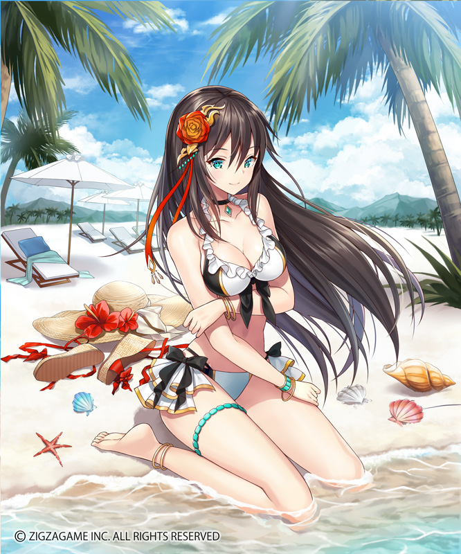 1girl anklet aqua_eyes astrid_(evertale) bangle bangs bare_shoulders beach bikini black_hair bracelet breasts collarbone day evertale flower groin hair_flower hair_ornament hat jewelry kagachi_saku long_hair looking_at_viewer medium_breasts navel ocean official_art outdoors sand shoes_removed sitting solo stomach straw_hat swimsuit thighlet thighs wariza white_bikini