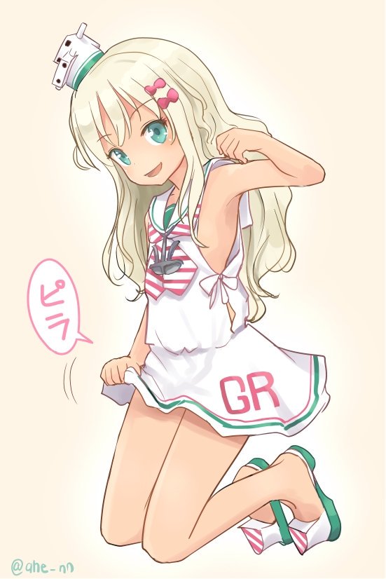 1girl :d ahenn anchor bangs bare_arms bare_shoulders beige_background blonde_hair bow clothes_writing commentary_request dress dress_lift eyebrows_visible_through_hair full_body gradient gradient_background grecale_(kantai_collection) green_eyes green_footwear hair_between_eyes hair_bow hair_ornament hair_ribbon hairclip hand_up hat kantai_collection kneeling lifted_by_self light_brown_hair long_hair looking_at_viewer mini_hat neckerchief open_mouth pink_bow ribbon sailor_collar sailor_dress sandals short_dress side-tie_dress sleeveless sleeveless_dress smile solo striped striped_neckwear translated twitter_username very_long_hair white_dress white_sailor_collar