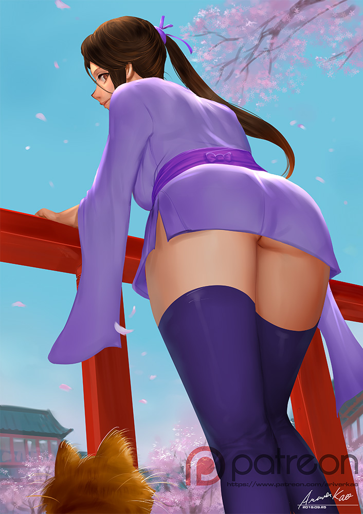 1girl ariverkao ass black_legwear brown_eyes brown_hair building cat cherry_blossoms dated day from_behind from_below japanese_clothes kimono long_hair looking_at_viewer original outdoors patreon_logo patreon_username petals purple_kimono short_kimono signature solo thigh-highs watermark web_address