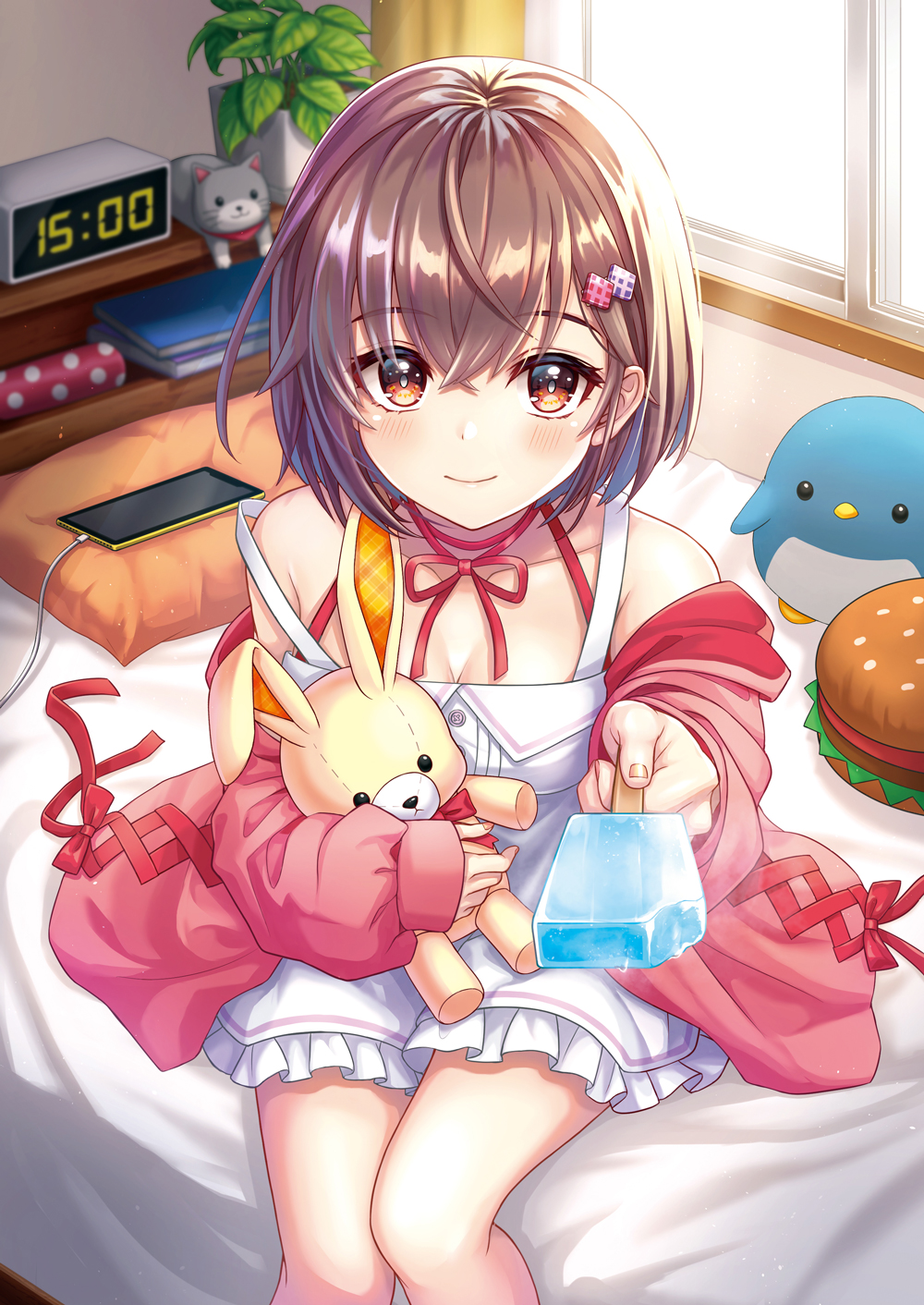 1girl bed blurry blush book breasts bright_pupils brown_eyes brown_hair cellphone choker clock closed_mouth commentary_request cross-laced_clothes depth_of_field digital_clock dress feeding food hair_ornament hairclip hamburger highres holding holding_food holding_stuffed_animal incoming_food indoors jacket long_sleeves looking_at_viewer medium_breasts off_shoulder original phone pillow pink_jacket piroshiki_(piroshiki13) plant popsicle potted_plant pov_feeding ribbon_choker shiny shiny_hair short_dress short_hair sitting sleeves_past_wrists smartphone smile solo strap_slip stuffed_animal stuffed_bunny stuffed_cat stuffed_penguin stuffed_toy white_dress white_pupils window yellow_nails