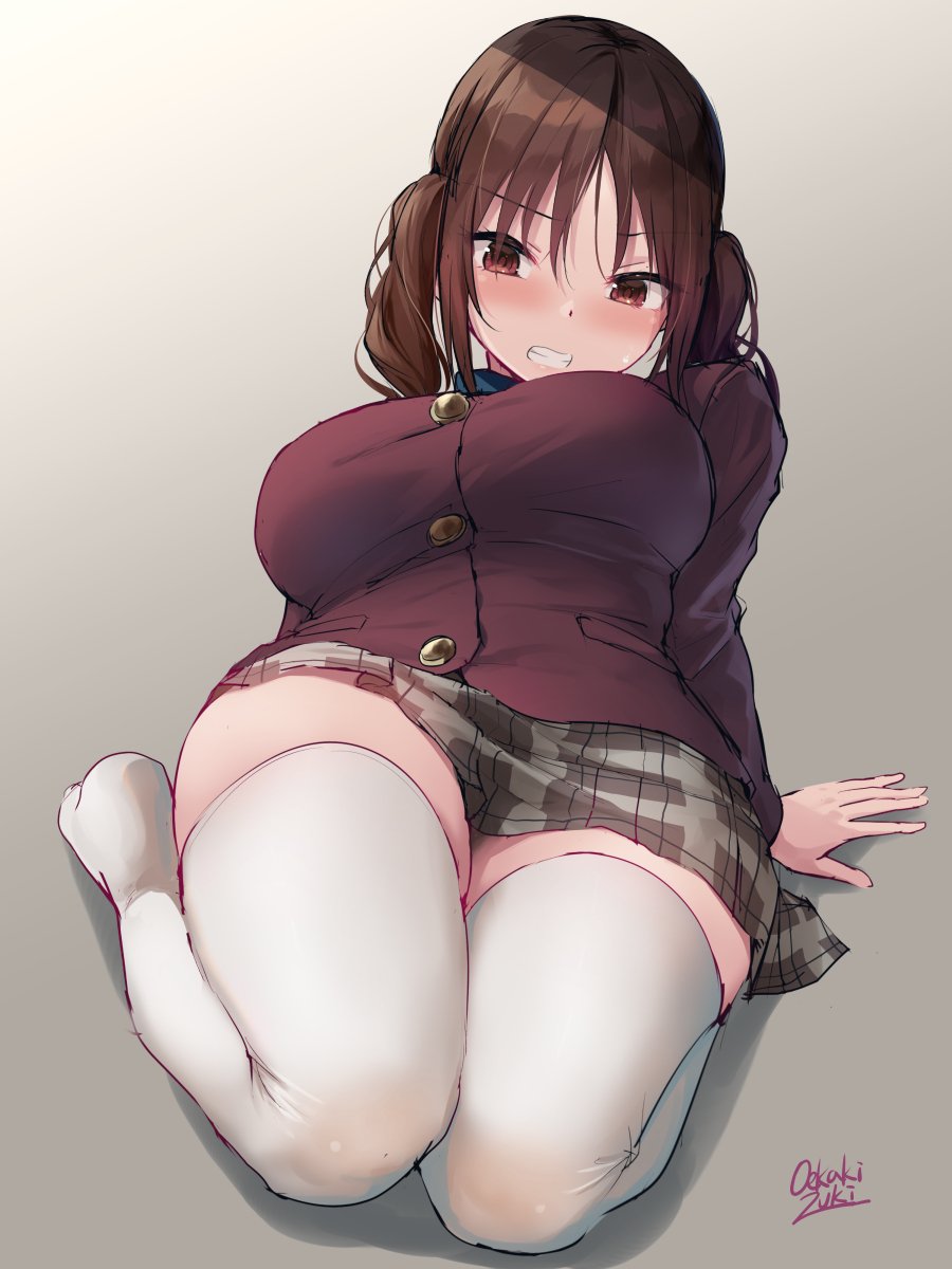 1girl blazer breasts brown_eyes brown_hair clenched_teeth commentary_request eyebrows_visible_through_hair grey_background highres jacket large_breasts long_sleeves no_shoes oekakizuki original red_jacket sitting skirt solo teeth thigh-highs white_legwear