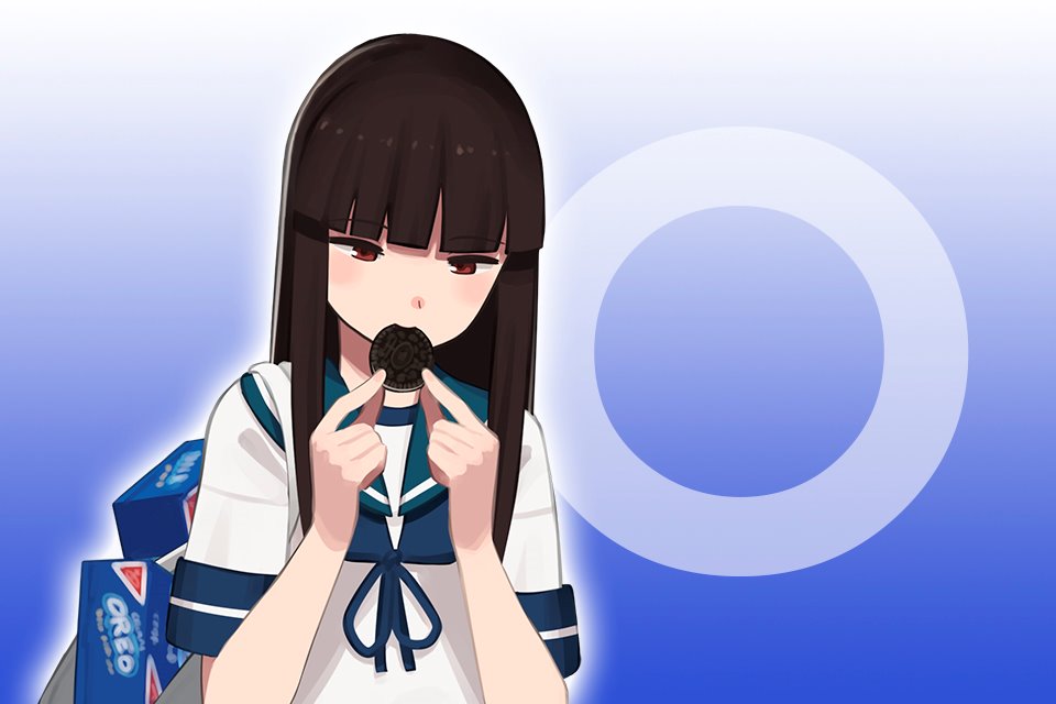 1girl backpack bag bangs black_hair blue_background blue_neckwear blue_sailor_collar blunt_bangs box brown_eyes commentary_request cookie eating food gradient gradient_background hatsuyuki_(kantai_collection) hime_cut kantai_collection long_hair neckerchief official_art oreo product_placement sailor_collar school_uniform serafuku shibafu_(glock23) solo upper_body white_background