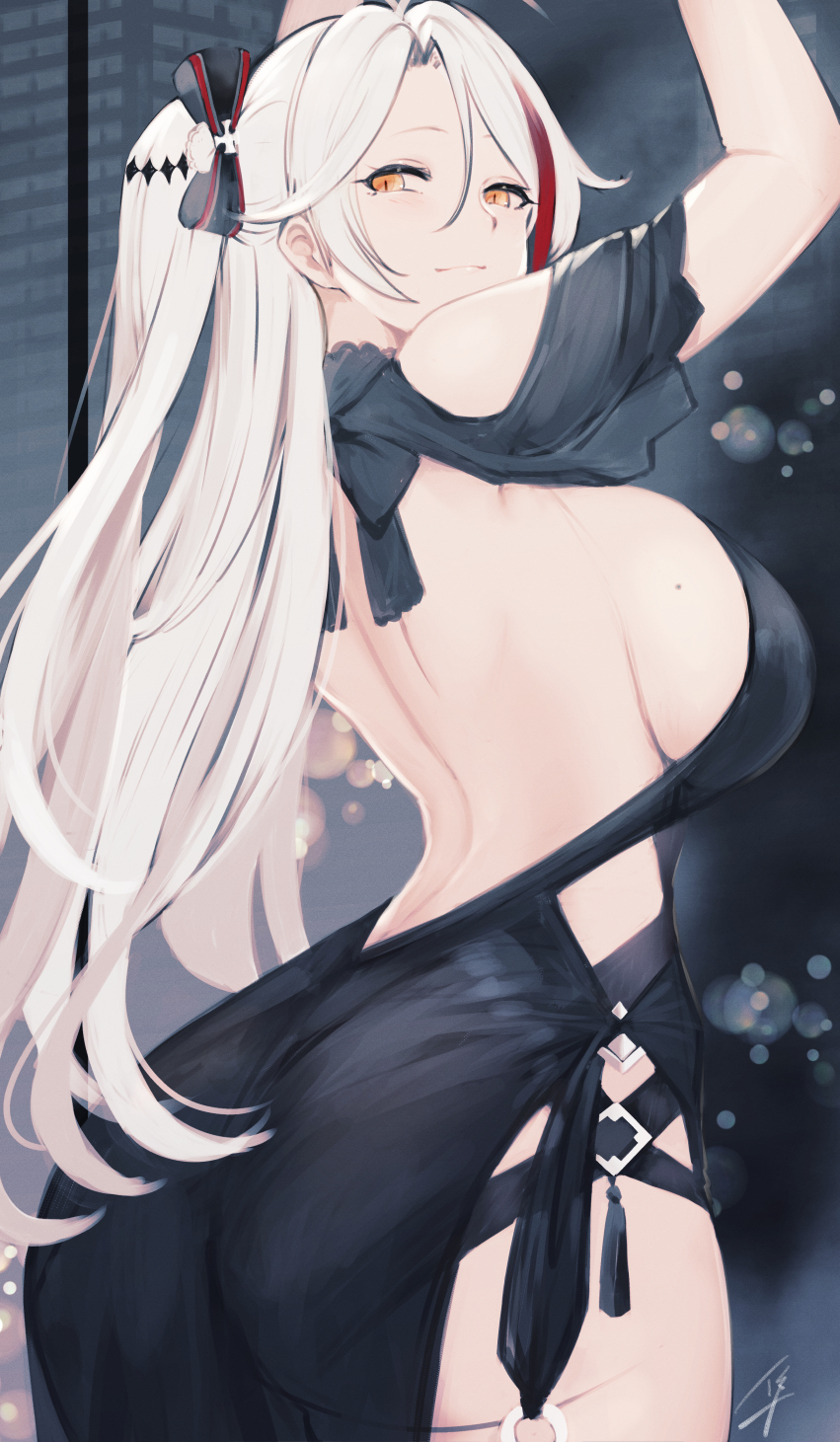 1girl alternate_costume antenna_hair arms_up ass azur_lane backless_dress backless_outfit bangs black_dress blush breasts brown_eyes dress from_behind from_side hair_between_eyes hair_ribbon hayabusa highres iron_cross large_breasts long_hair looking_at_viewer looking_back mole mole_on_breast multicolored_hair prinz_eugen_(azur_lane) prinz_eugen_(cordial_cornflower)_(azur_lane) redhead ribbon sideboob sidelocks silver_hair smile solo streaked_hair thighs two_side_up very_long_hair