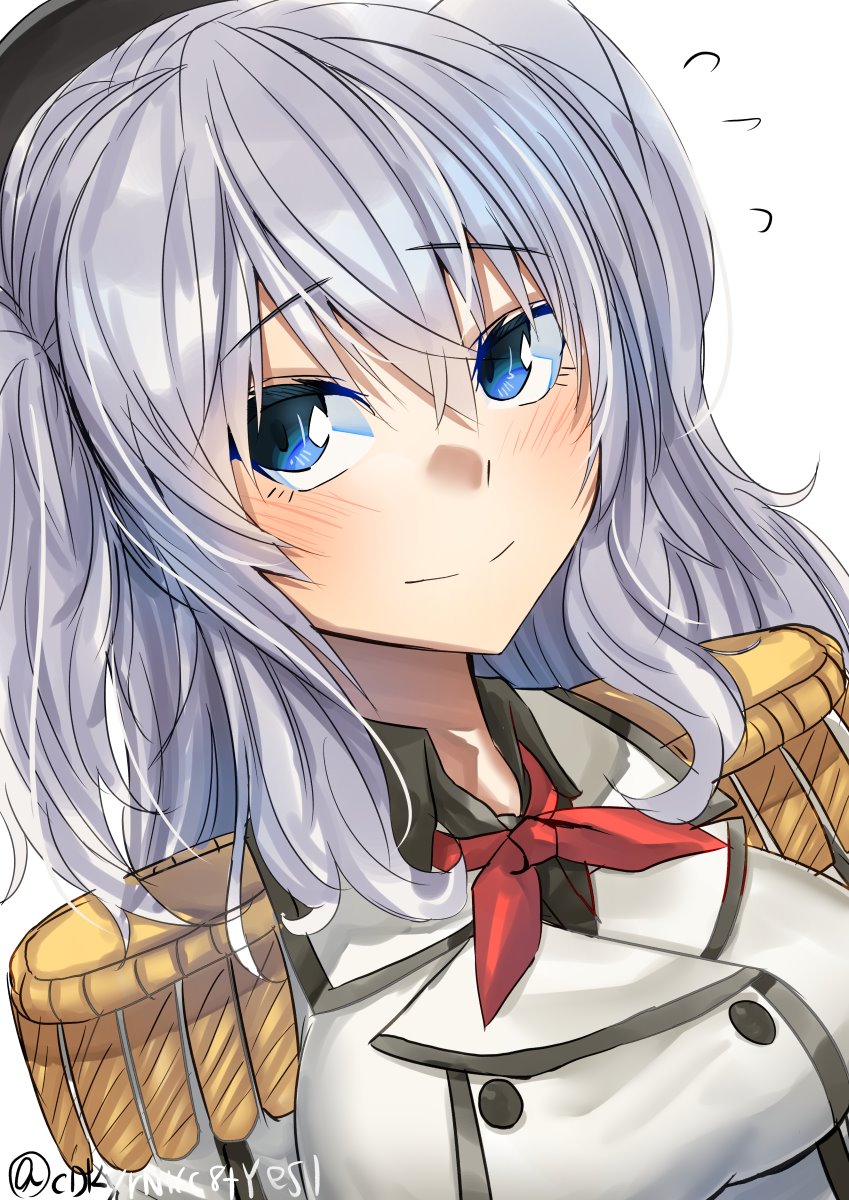 1girl blue_eyes breasts buttons epaulettes flying_sweatdrops highres jacket kantai_collection kashima_(kantai_collection) large_breasts long_hair long_sleeves military military_jacket military_uniform neckerchief red_neckwear sidelocks silver_hair simple_background smile solo twintails twitter_username uniform upper_body v_r_dragon01 wavy_hair white_background white_jacket
