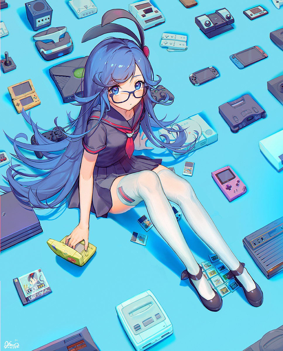 1girl artist_name atari atari_2600 black_footwear black_skirt blue_eyes blue_hair controller destiny_child famicom game_boy game_console game_controller glasses handheld_game_console highres kkuem long_hair looking_at_viewer neckerchief nintendo nintendo_64 nintendo_ds nintendo_switch playstation red_neckwear signature sitting skirt solo sony thigh-highs very_long_hair white_legwear wii_remote