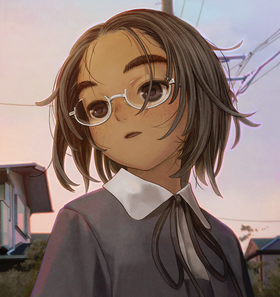 1girl black_hair blush brown_eyes dusk eyebrows freckles glasses jimiko minamohajime open_mouth original outdoors ribbon school_uniform semi-rimless_eyewear short_hair solo sunset thick_eyebrows under-rim_eyewear