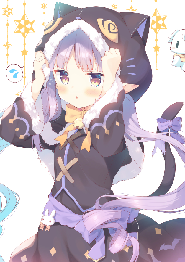 1girl :o animal_ears animal_hood arms_up bell black_capelet black_jacket black_skirt blush bow brown_eyes capelet cat_ears cat_girl cat_hood cat_tail commentary_request fake_animal_ears fur-trimmed_capelet fur-trimmed_hood fur-trimmed_sleeves fur_trim hikawa_kyoka hood hood_up hooded_capelet jacket jingle_bell long_hair long_sleeves looking_at_viewer low_twintails orange_bow parted_lips pointy_ears princess_connect! princess_connect!_re:dive purple_bow purple_hair skirt solo spoken_flying_sweatdrops tail tail_bow twintails very_long_hair white_background wide_sleeves yuizaki_kazuya