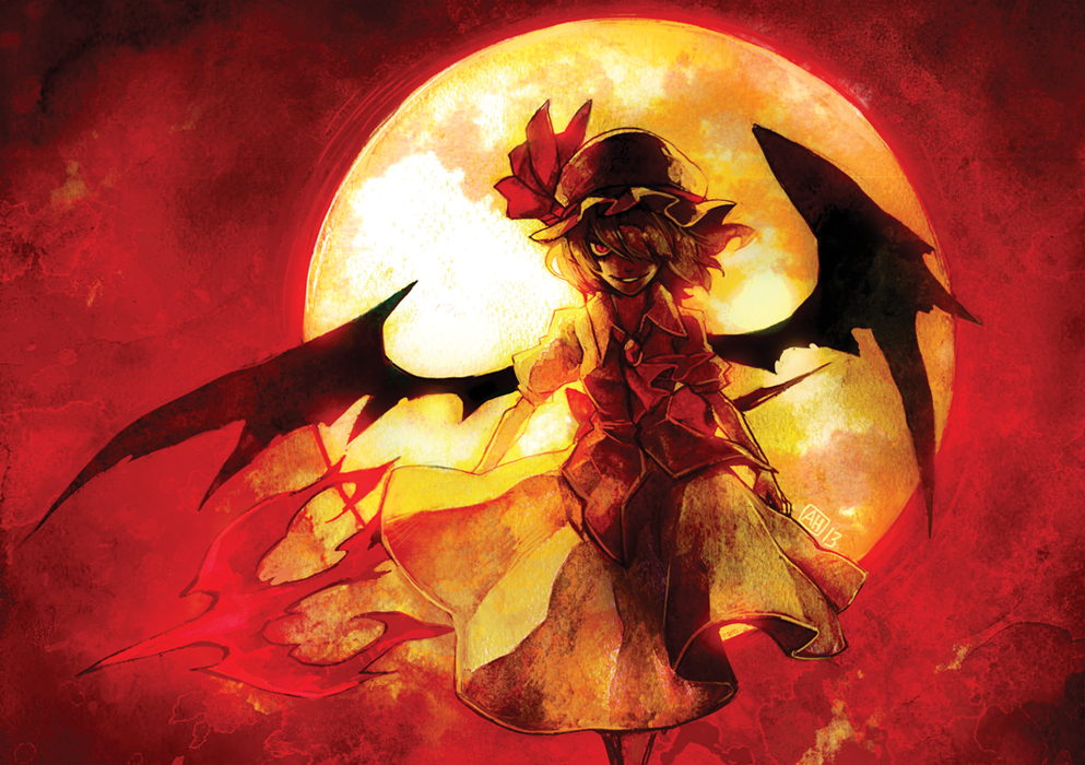 1girl arlmuffin ascot bat_wings brooch collared_shirt grin hat hat_ribbon holding holding_spear holding_weapon jewelry mob_cap polearm red_background red_eyes red_theme remilia_scarlet ribbon shirt short_hair short_sleeves skirt smile solo spear spear_the_gungnir touhou weapon wings