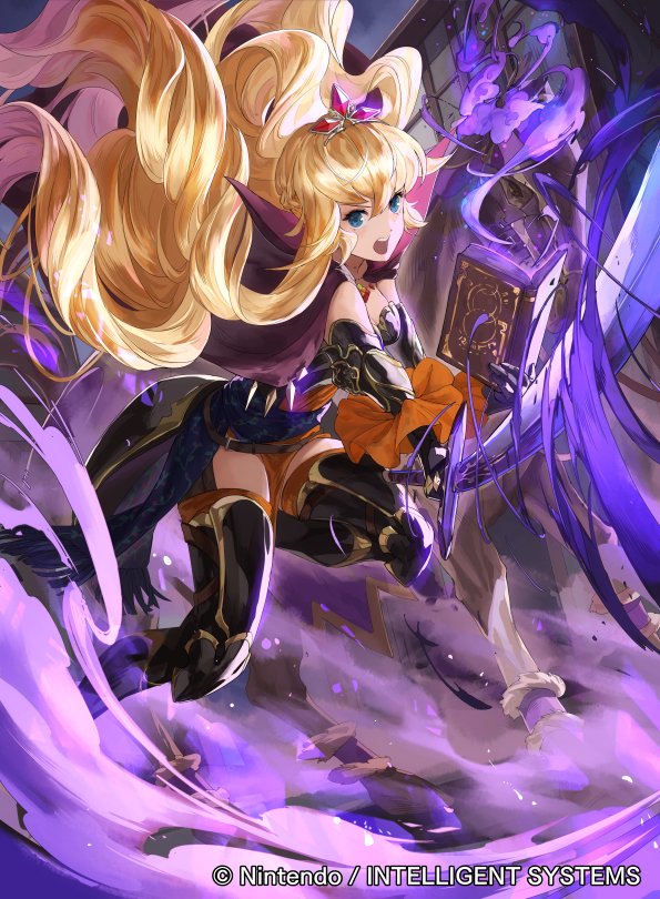 1girl alice_(fire_emblem) blonde_hair blue_eyes book boots cape curly_hair fire_emblem fire_emblem_cipher gloves horse long_hair mayo_(becky2006) official_art open_mouth solo sword teeth tiara weapon