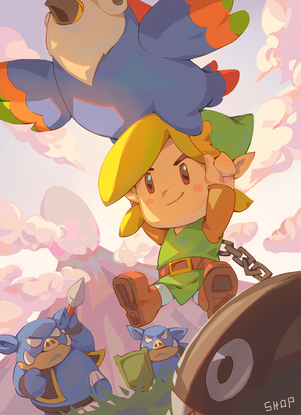 1boy belt bird blonde_hair brown_belt brown_footwear chain chicken clouds commentary_request egg green_shirt highres holding holding_shield holding_spear holding_weapon link moblin mountain outdoors polearm shield shirt shoes shopp smile spear tagme the_legend_of_zelda the_legend_of_zelda:_link's_awakening weapon