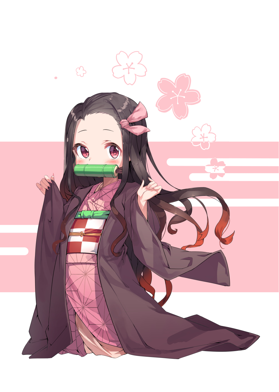 1girl bamboo bangs bit_gag black_hair blush brown_hair checkered commentary_request fingernails floral_background forehead full_body gag gradient_hair hair_ribbon highres japanese_clothes kamado_nezuko kimetsu_no_yaiba kimono long_hair long_sleeves looking_at_viewer mouth_hold multicolored_hair nail_polish newey obi open_clothes parted_bangs pinching pink_background pink_kimono pink_nails pink_ribbon red_eyes ribbon sash sharp_fingernails sleeves_past_wrists solo standing two-tone_background very_long_hair white_background wide_sleeves
