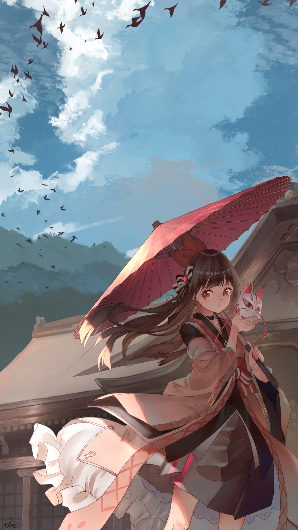 1girl animal bird blue_sky bow brown_eyes brown_hair brown_kimono building clouds commentary_request day fingernails fox_mask hair_ribbon hand_up highres holding holding_mask holding_umbrella japanese_clothes kimono long_hair long_sleeves mask nail_polish oriental_umbrella original outdoors red_bow red_nails red_ribbon red_umbrella ribbon saraki signature sky solo standing striped striped_bow umbrella very_long_hair wide_sleeves