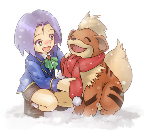 1boy blush cold green_eyes growlithe kojirou_(pokemon) lowres pokemon pokemon_(anime) scarf shared_scarf snow team_rocket younger