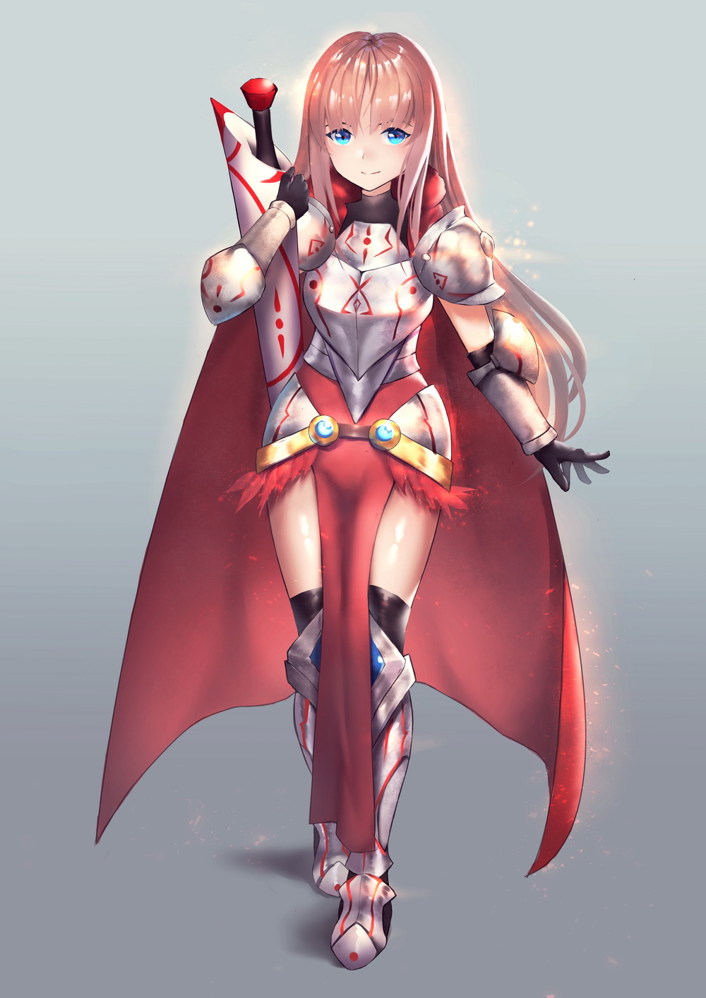 1girl armor armored_boots black_gloves black_legwear blue_eyes boots brown_hair cape commentary_request copyright_request gloves highres holding holding_lance holding_weapon jmao kneehighs knight long_hair looking_at_viewer red_cpae solo weapon