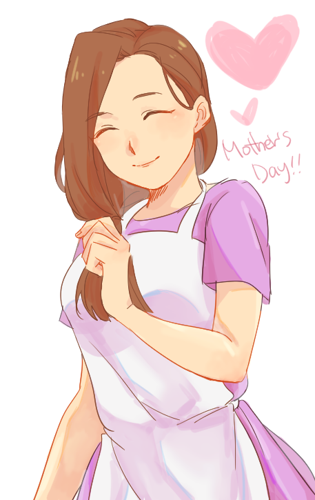 1girl ^_^ apron arm_at_side blush breasts brown_hair closed_eyes closed_mouth dress english_text eyebrows_visible_through_hair fingernails fullmetal_alchemist hand_on_own_chest happy heart long_hair medium_breasts mmk2311 mother's_day purple_dress short_sleeves side_ponytail simple_background smile solo text_focus trisha_elric upper_body white_apron white_background